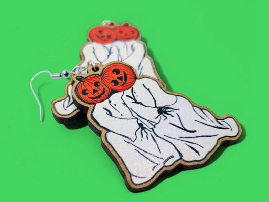 Vintage Ghost Jack-o-Lantern Laser Cut Wooden Earrings