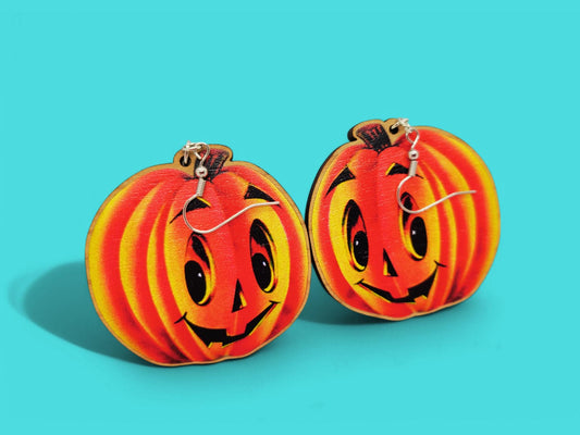 Vintage Jack o' Lantern Wooden Dangle Earrings