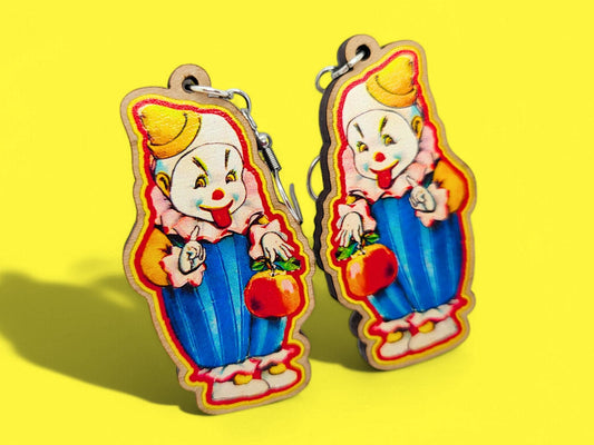 Vintage Creepy Clown Wooden Earrings