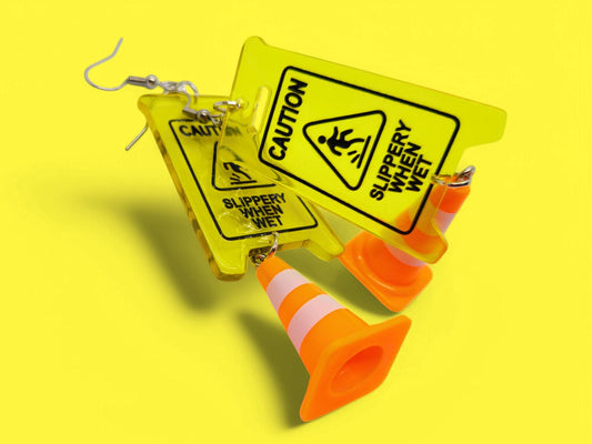Quirky Caution Sign and Traffic Cone Earrings