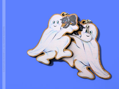 Vintage Halloween Ghost & Black Cat Wooden Earrings
