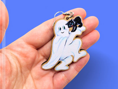 Vintage Halloween Ghost & Black Cat Wooden Earrings