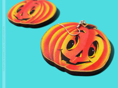 Vintage Jack o' Lantern Wooden Dangle Earrings