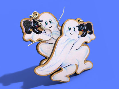 Vintage Halloween Ghost & Black Cat Wooden Earrings