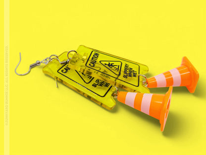 Quirky Caution Sign and Traffic Cone Earrings