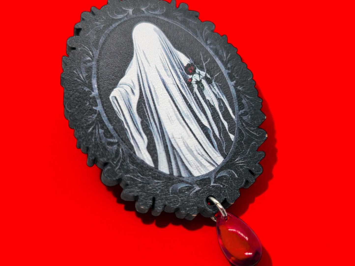 Spooky Ghost Portrait Wooden Brooch